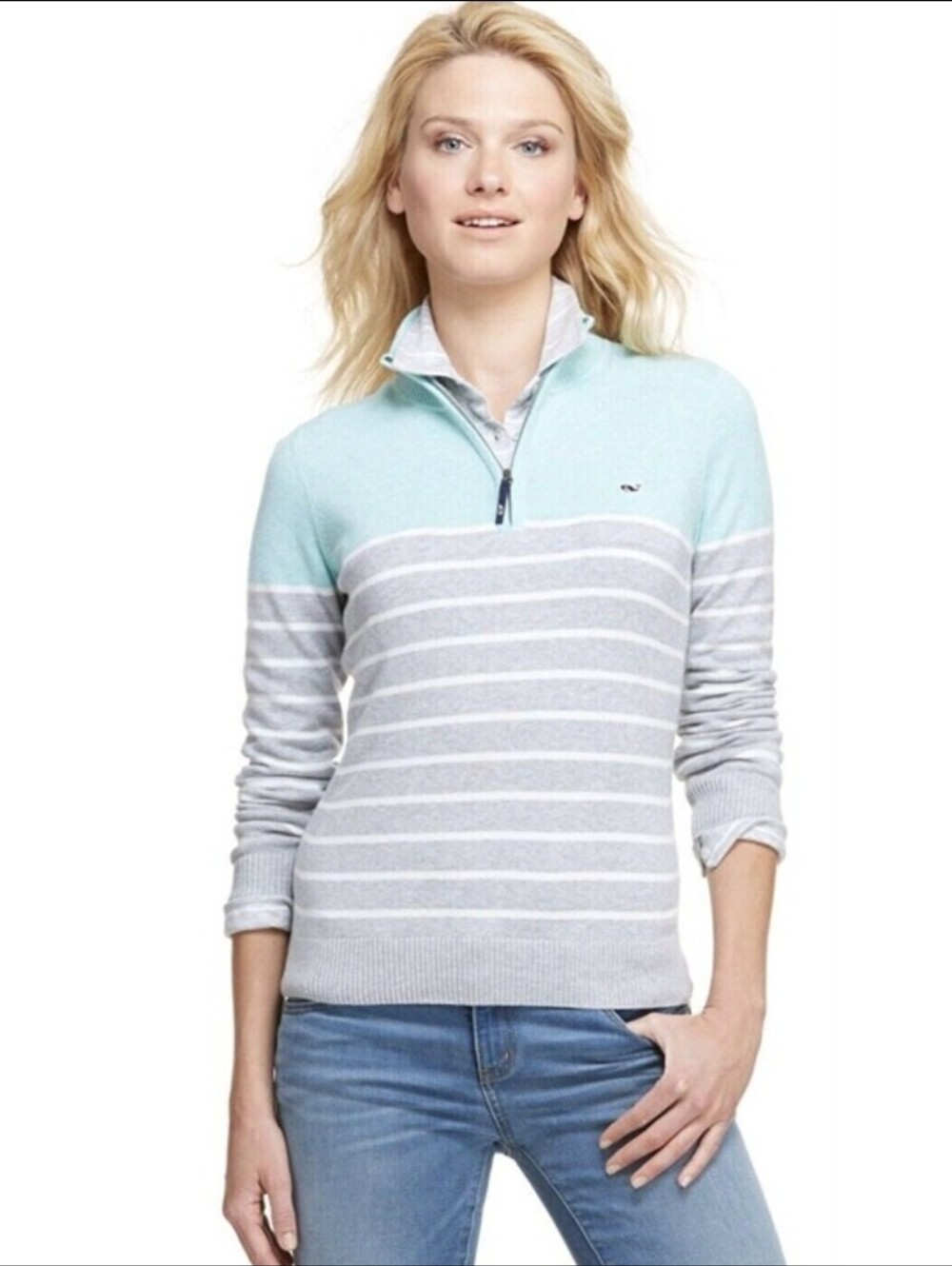 Vineyard Vines Women's XS Saltwater Colorblock Striped Quarter Zip Sweater XS